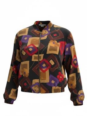 Vintage Kensington Square Geometric Floral Bomber Jacket Small USA 80s 90s Retro